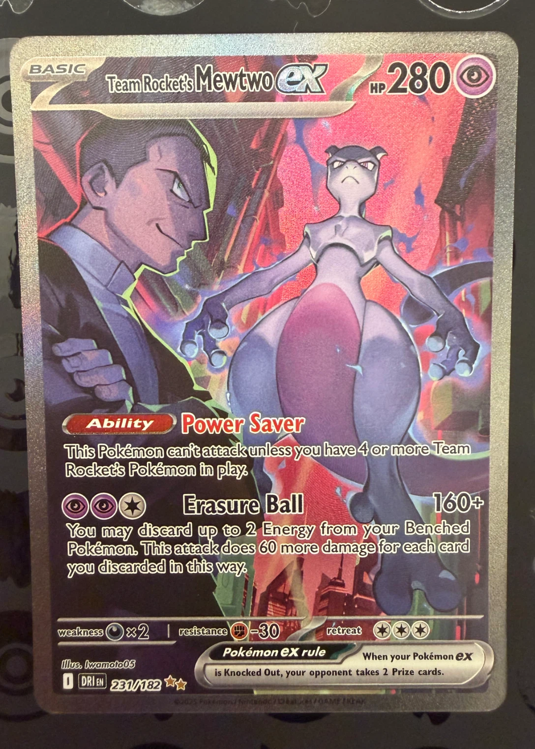 Team Rocket's Mewtwo ex 231/182 Destined Rivals front card photo in PokeToGrade pregrading report