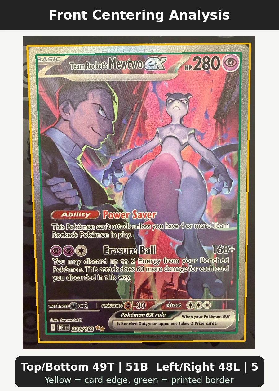 Team Rocket's Mewtwo ex 231/182 Destined Rivals front centering analysis showing Top/Bottom 49T | 51B and Left/Right 48L | 52R.