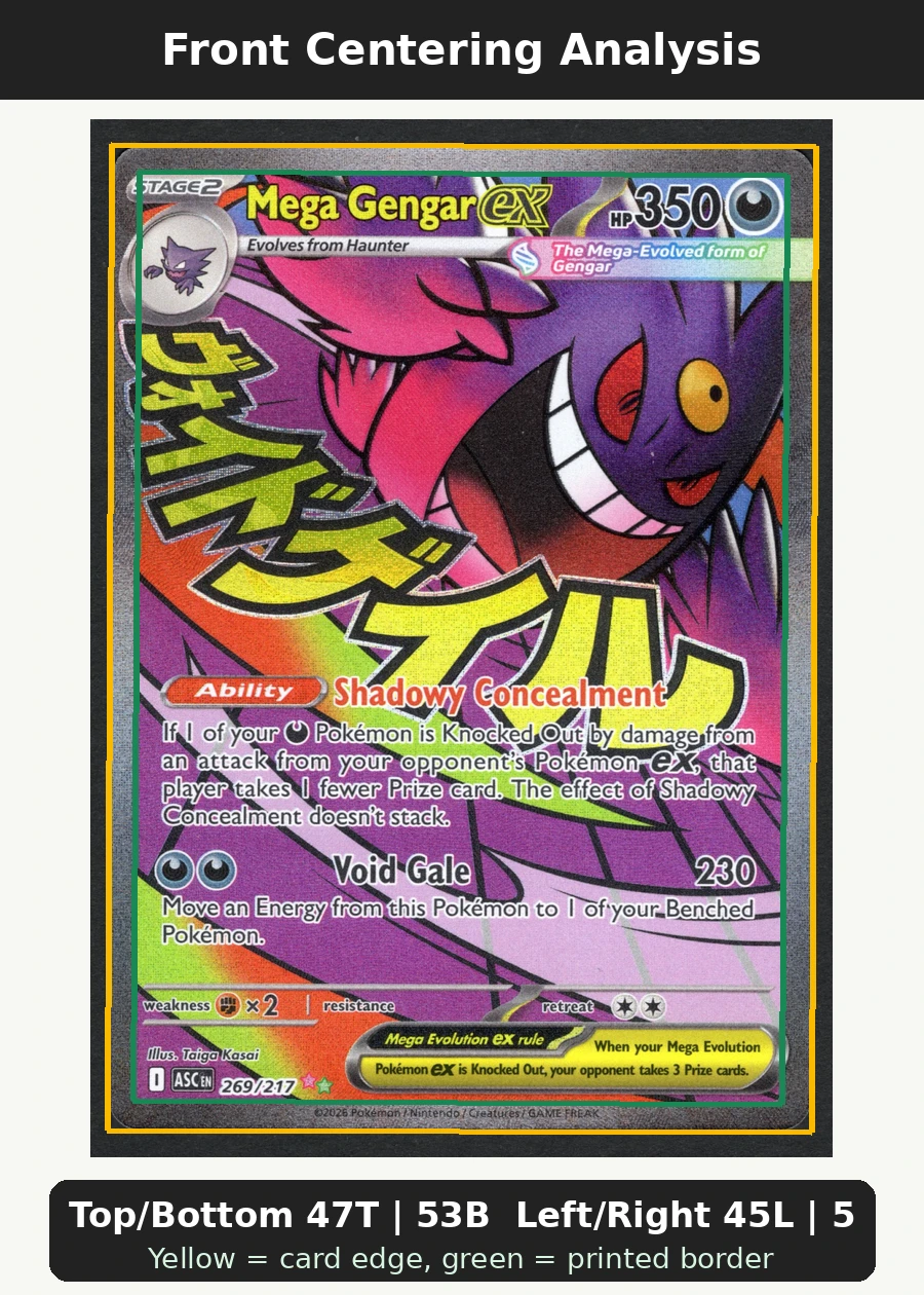 Mega Gengar ex 269/217 Ascended Heroes front centering analysis showing Top/Bottom 47T | 53B and Left/Right 45L | 55R.