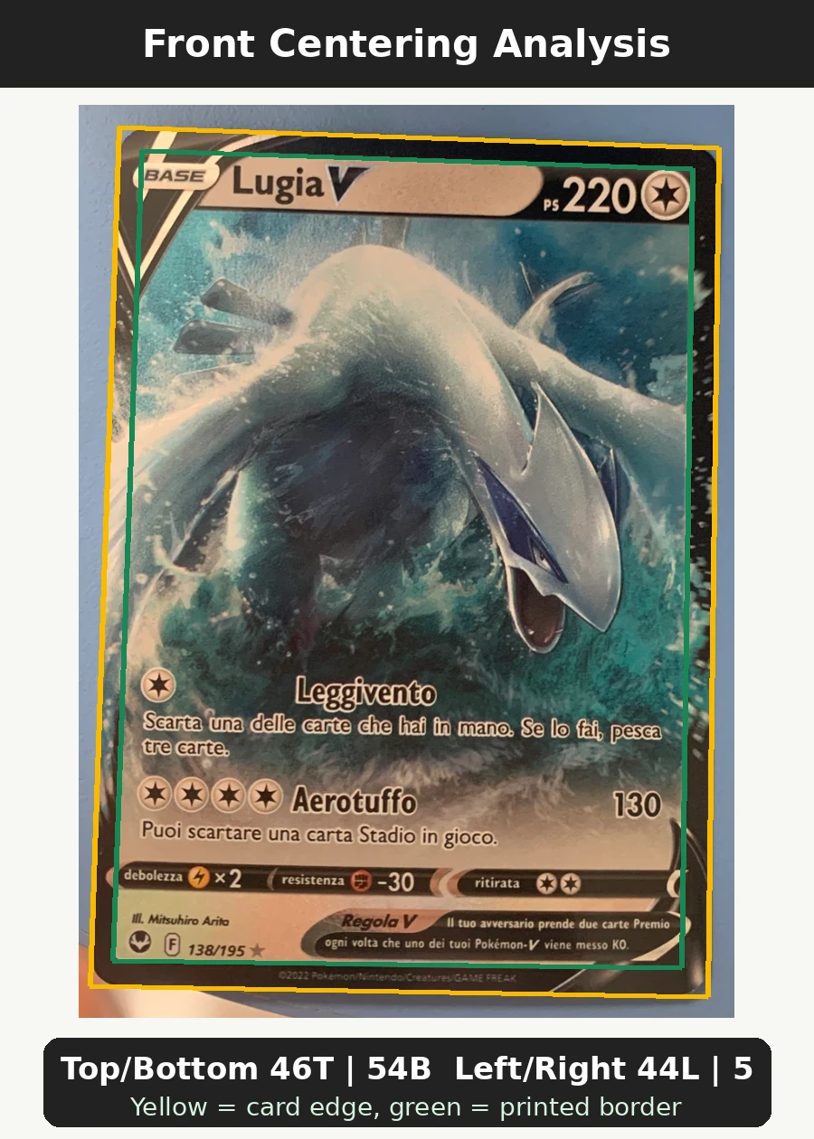 Lugia V 138/195 Silver Tempest front centering analysis showing Top/Bottom 46T | 54B and Left/Right 44L | 56R.