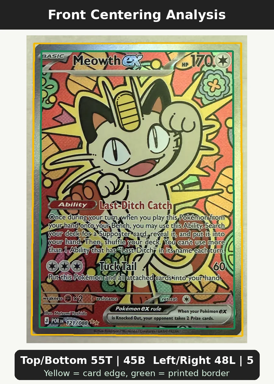 Meowth ex 121/88 Perfect Order front centering analysis showing Top/Bottom 55T | 45B and Left/Right 48L | 52R.