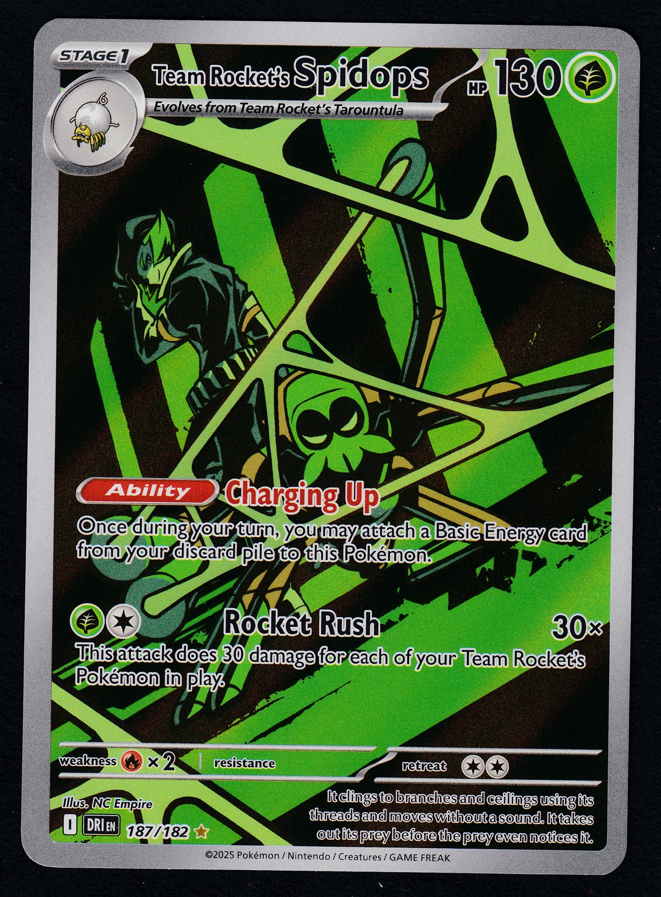 Team Rocket's Spidops 187/182 Destined Rivals front card photo in PokeToGrade pregrading report