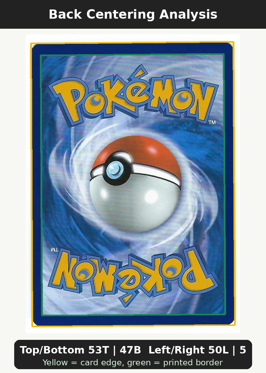 Zorua 142/86 White Flare back centering analysis showing Top/Bottom 53T | 47B and Left/Right 50L | 50R.