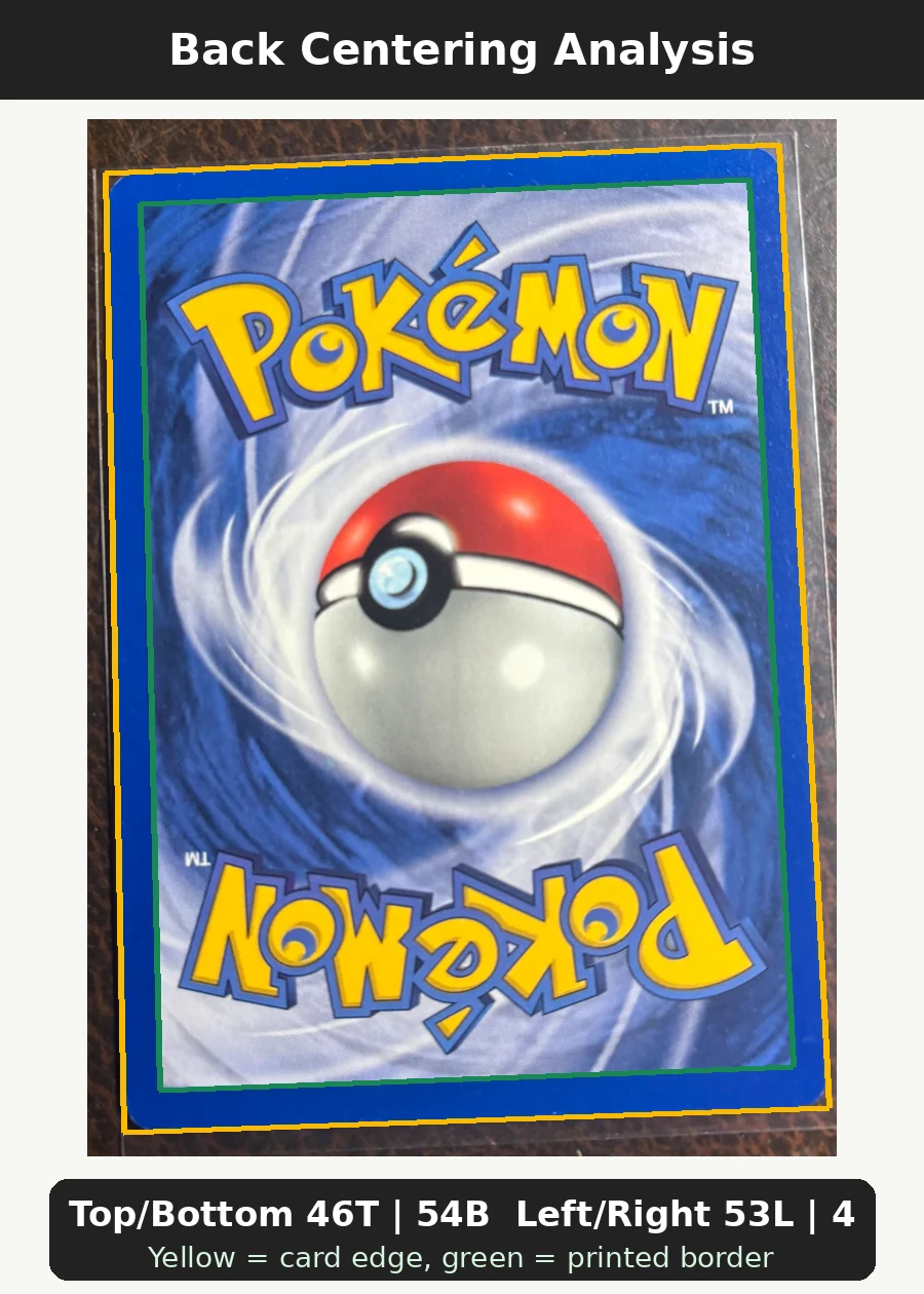 Pikachu 058/102 Base Set back centering analysis showing Top/Bottom 46T | 54B and Left/Right 53L | 47R.