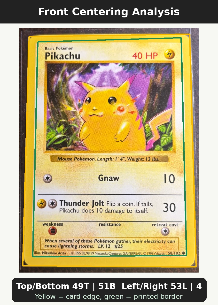 Pikachu 058/102 Base Set front centering analysis showing Top/Bottom 49T | 51B and Left/Right 53L | 47R.