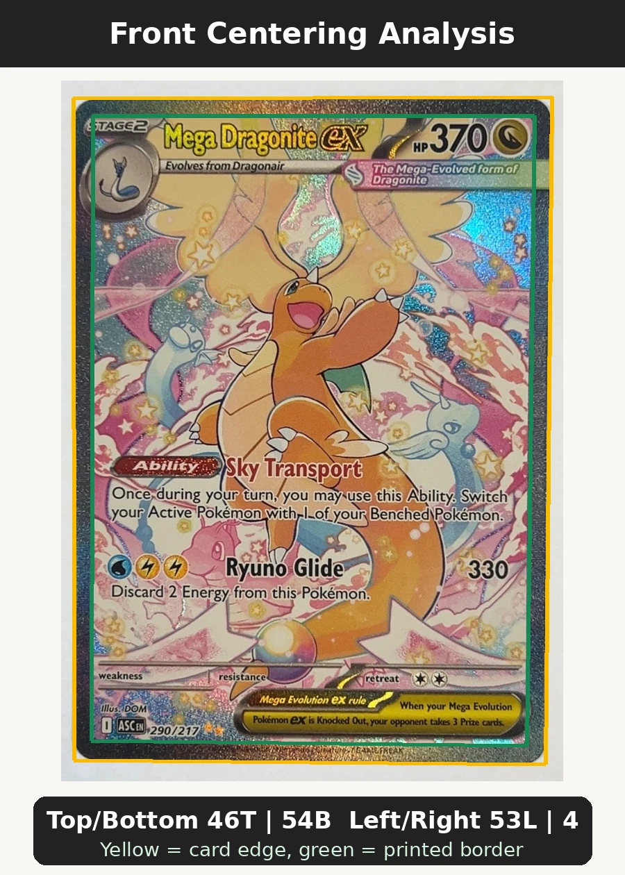 Mega Dragonite ex 290/217 Ascended Heroes front centering analysis showing Top/Bottom 46T | 54B and Left/Right 53L | 47R.
