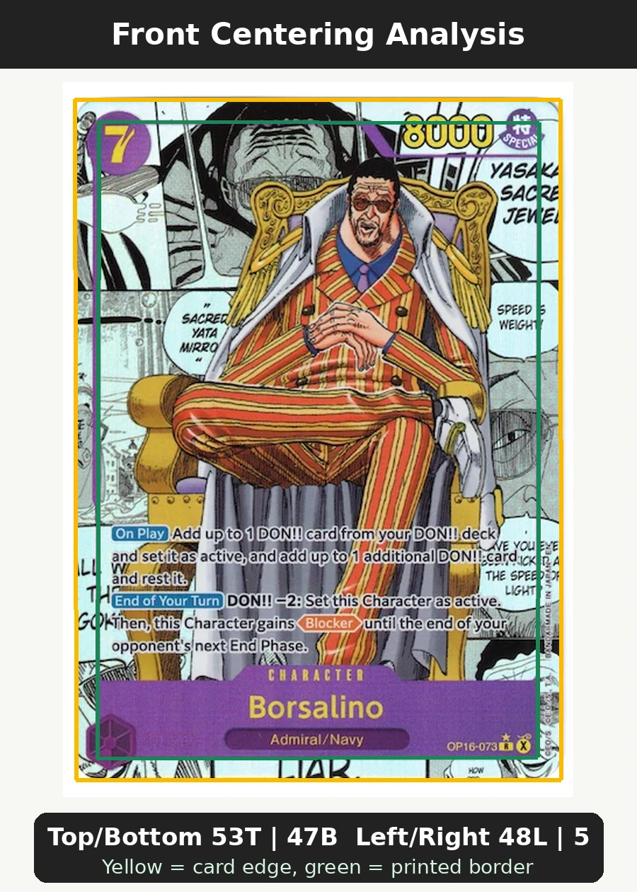 Borsalino OP16-073 The Time of Battle front centering analysis showing Top/Bottom 53T | 47B and Left/Right 48L | 52R.
