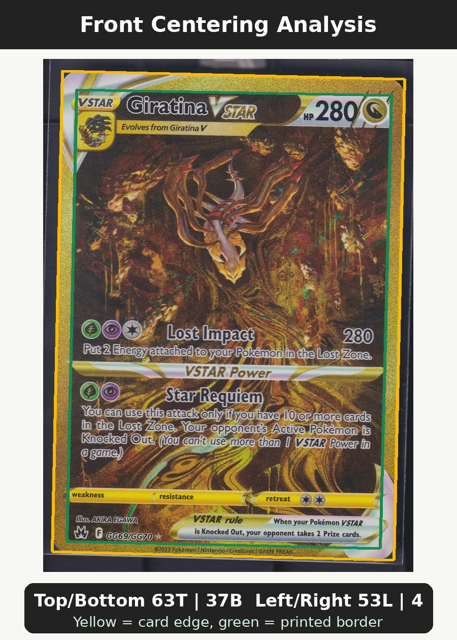 Giratina VSTAR GG69/159 Crown Zenith front centering analysis showing Top/Bottom 63T | 37B and Left/Right 53L | 47R.