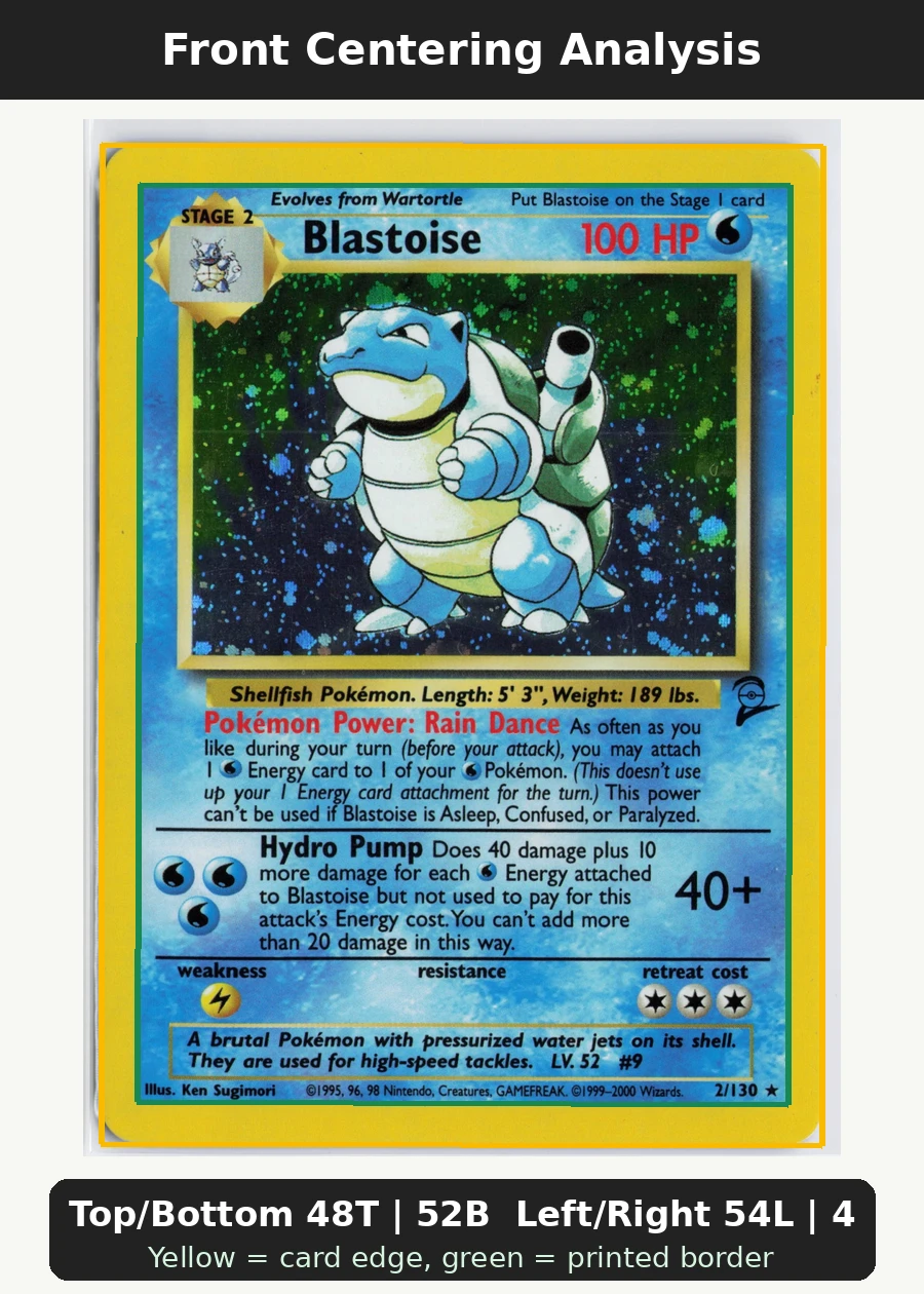 Blastoise 002/130 Base Set 2 front centering analysis showing Top/Bottom 48T | 52B and Left/Right 54L | 46R.