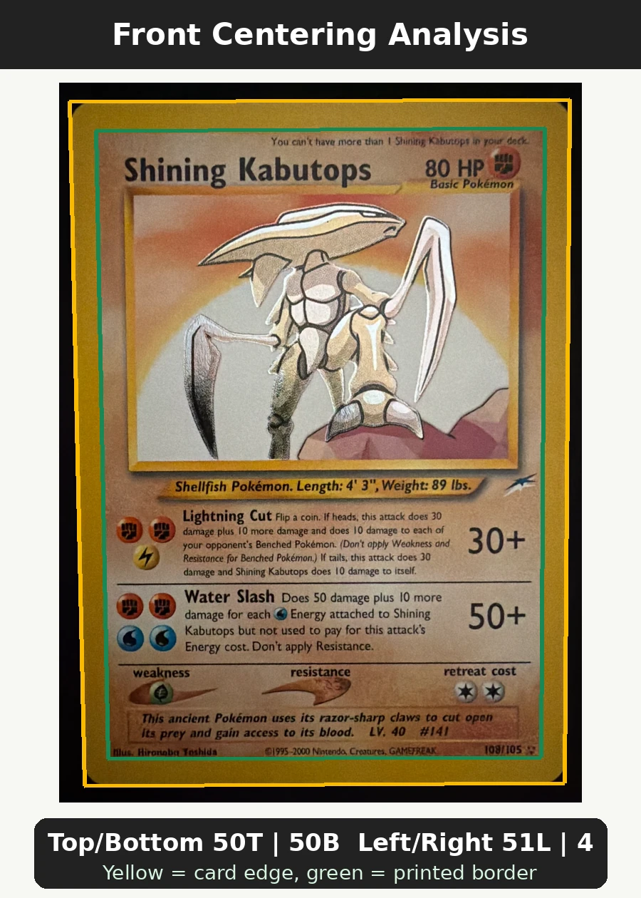 Shining Kabutops 108/105 (Normal) Neo Destiny front centering analysis showing Top/Bottom 50T | 50B and Left/Right 51L | 49R.