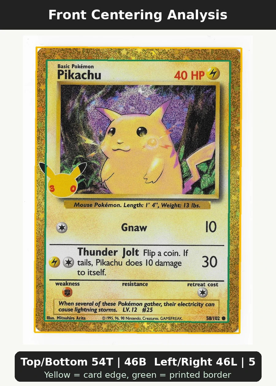 Pikachu 014 30th Classic Collection front centering analysis showing Top/Bottom 54T | 46B and Left/Right 46L | 54R.