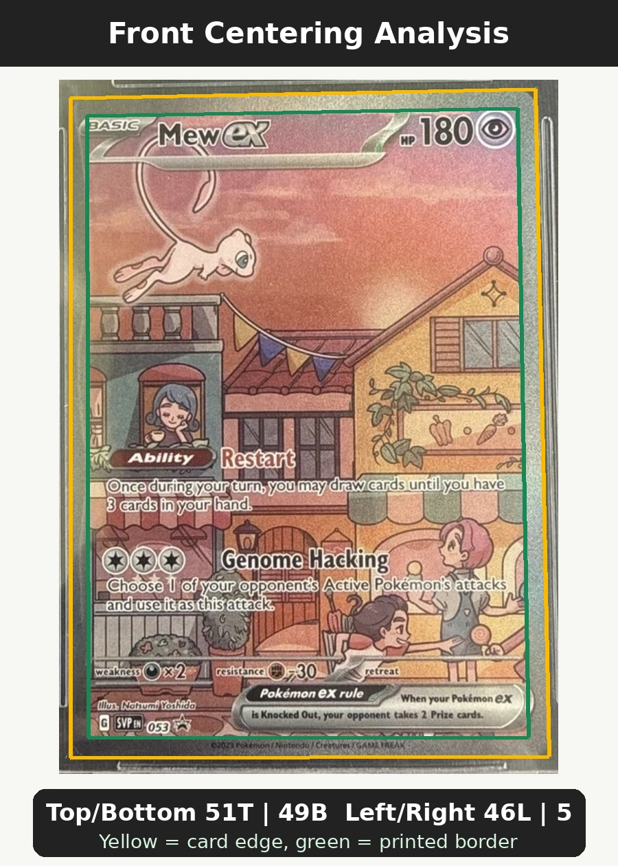 Mew ex 053/225 SVP Black Star Promos front centering analysis showing Top/Bottom 51T | 49B and Left/Right 46L | 54R.