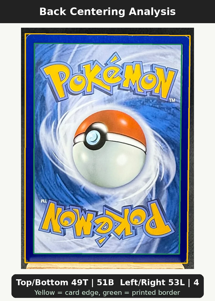 Mega Gardevoir ex 178/132 Mega Evolution back centering analysis showing Top/Bottom 49T | 51B and Left/Right 53L | 47R.