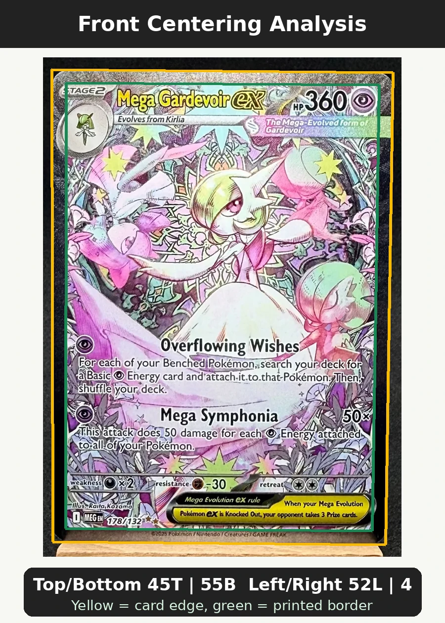Mega Gardevoir ex 178/132 Mega Evolution front centering analysis showing Top/Bottom 45T | 55B and Left/Right 52L | 48R.