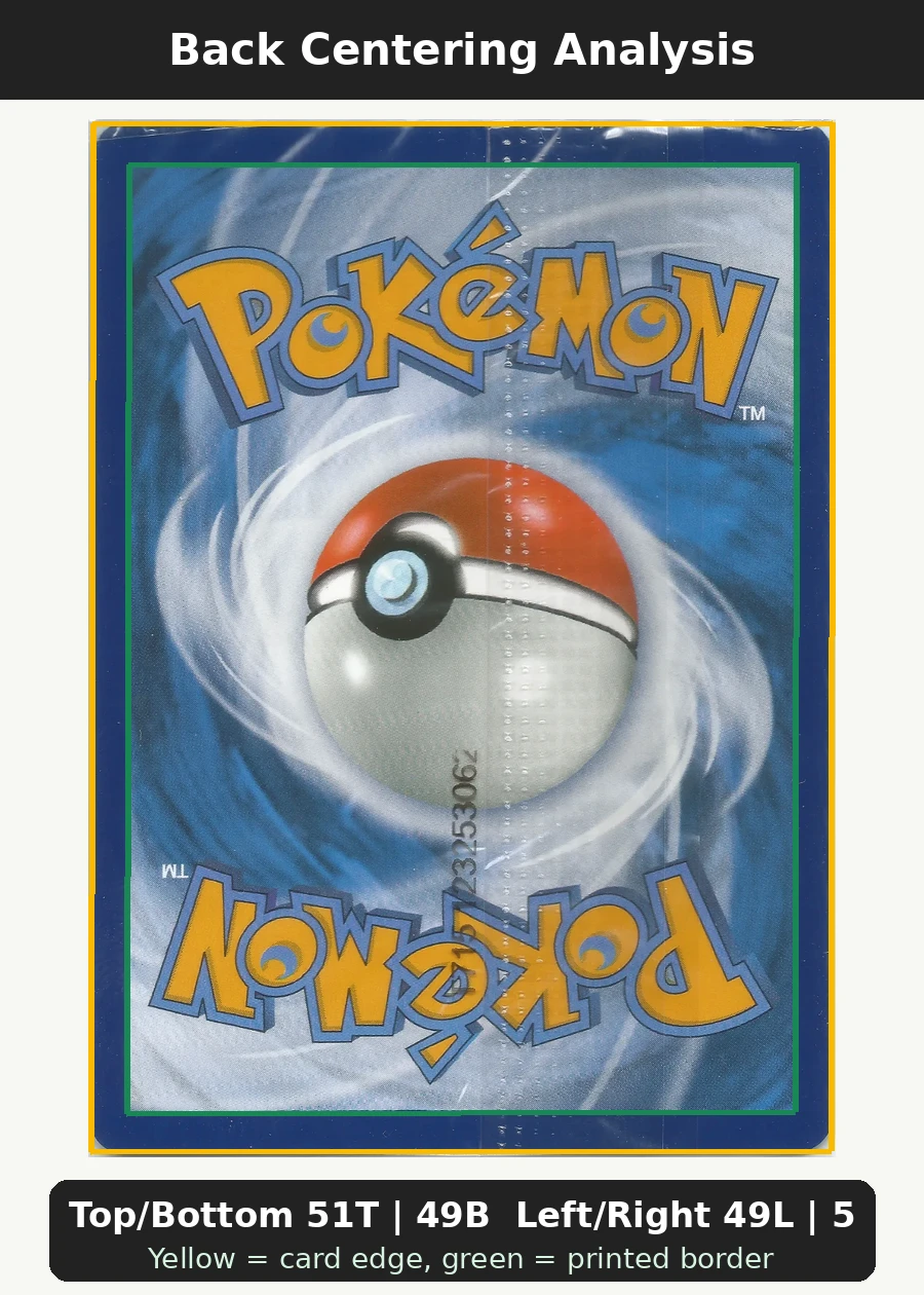 Mewtwo 052/225 SVP Black Star Promos back centering analysis showing Top/Bottom 51T | 49B and Left/Right 49L | 51R.