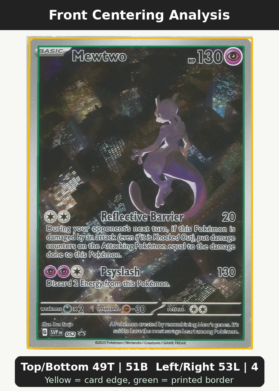 Mewtwo 052/225 SVP Black Star Promos front centering analysis showing Top/Bottom 49T | 51B and Left/Right 53L | 47R.