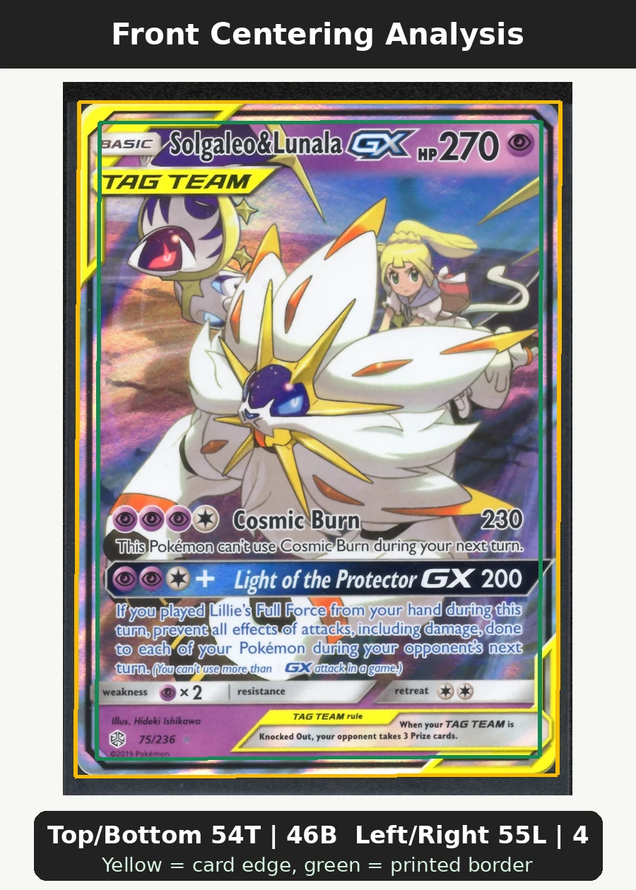 Solgaleo & Lunala GX 075/236 Cosmic Eclipse front centering analysis showing Top/Bottom 54T | 46B and Left/Right 55L | 45R.
