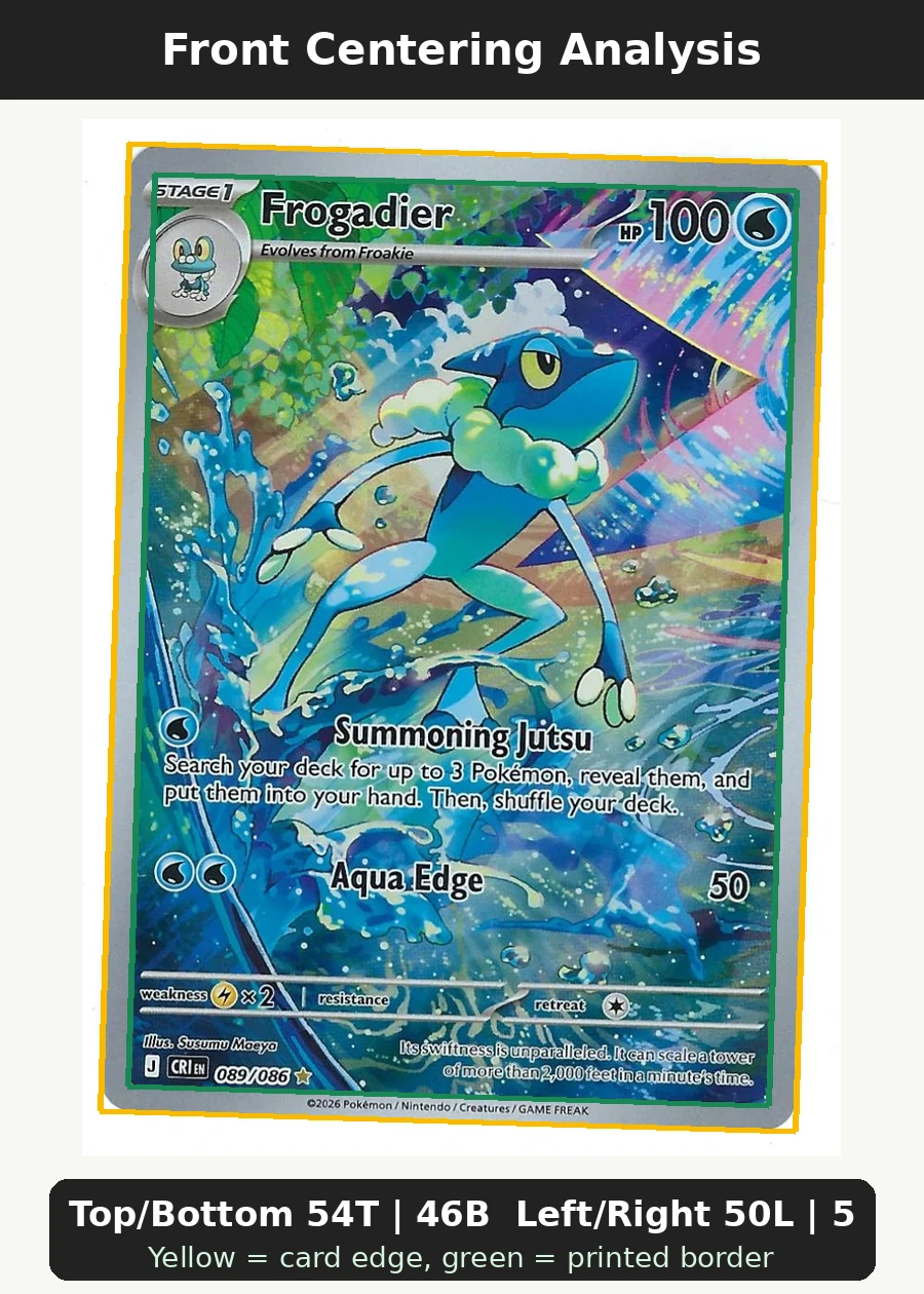 Frogadier 089/86 Chaos Rising front centering analysis showing Top/Bottom 54T | 46B and Left/Right 50L | 50R.