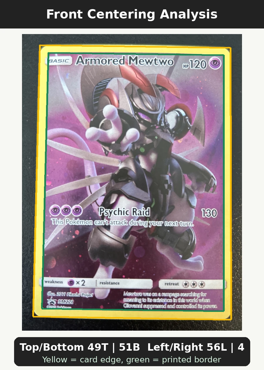 Armored Mewtwo SM228/248 SM Black Star Promos front centering analysis showing Top/Bottom 49T | 51B and Left/Right 56L | 44R.