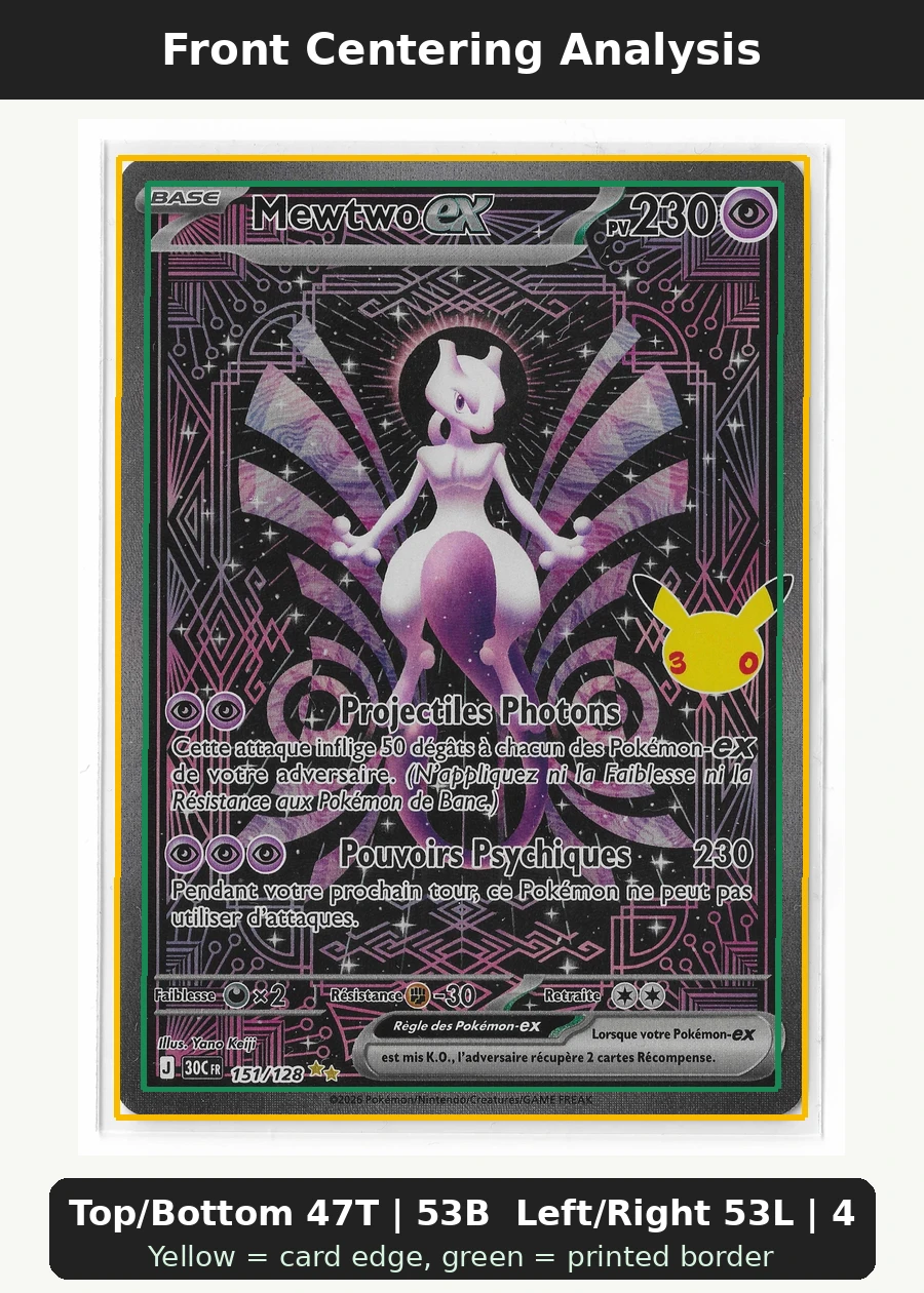 Mewtwo ex 151/128 30th Celebration front centering analysis showing Top/Bottom 47T | 53B and Left/Right 53L | 47R.