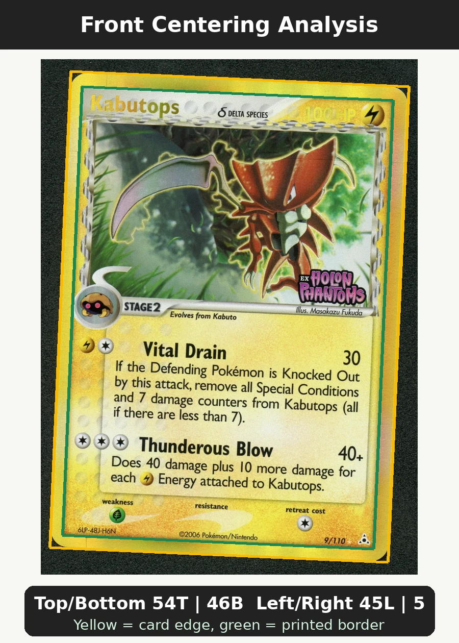 Kabutops δ 009/110 (Reverse Holo) Holon Phantoms front centering analysis showing Top/Bottom 54T | 46B and Left/Right 45L | 55R.