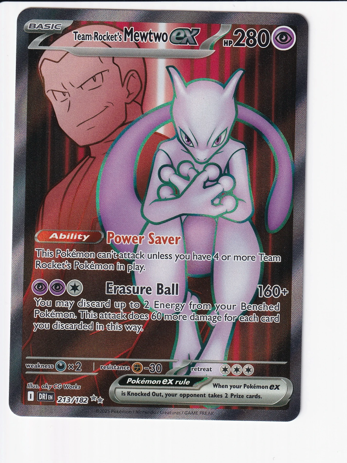 Team Rocket's Mewtwo ex 213/182 Destined Rivals front card photo in PokeToGrade pregrading report
