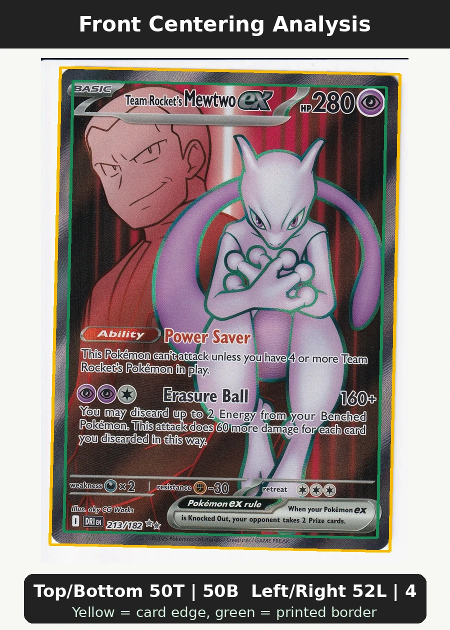 Team Rocket's Mewtwo ex 213/182 Destined Rivals front centering analysis showing Top/Bottom 50T | 50B and Left/Right 52L | 48R.