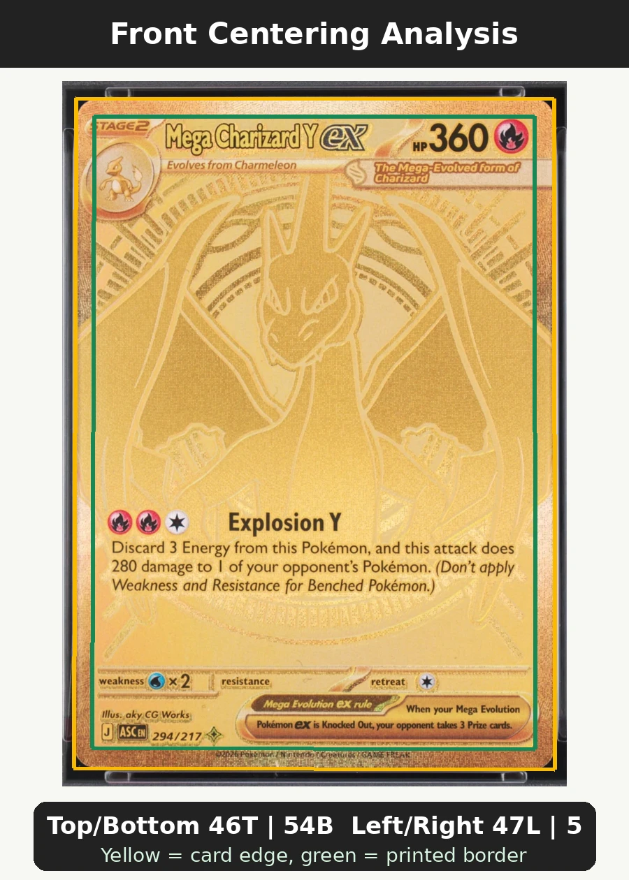 Mega Charizard Y ex 294/217 Ascended Heroes front centering analysis showing Top/Bottom 46T | 54B and Left/Right 47L | 53R.