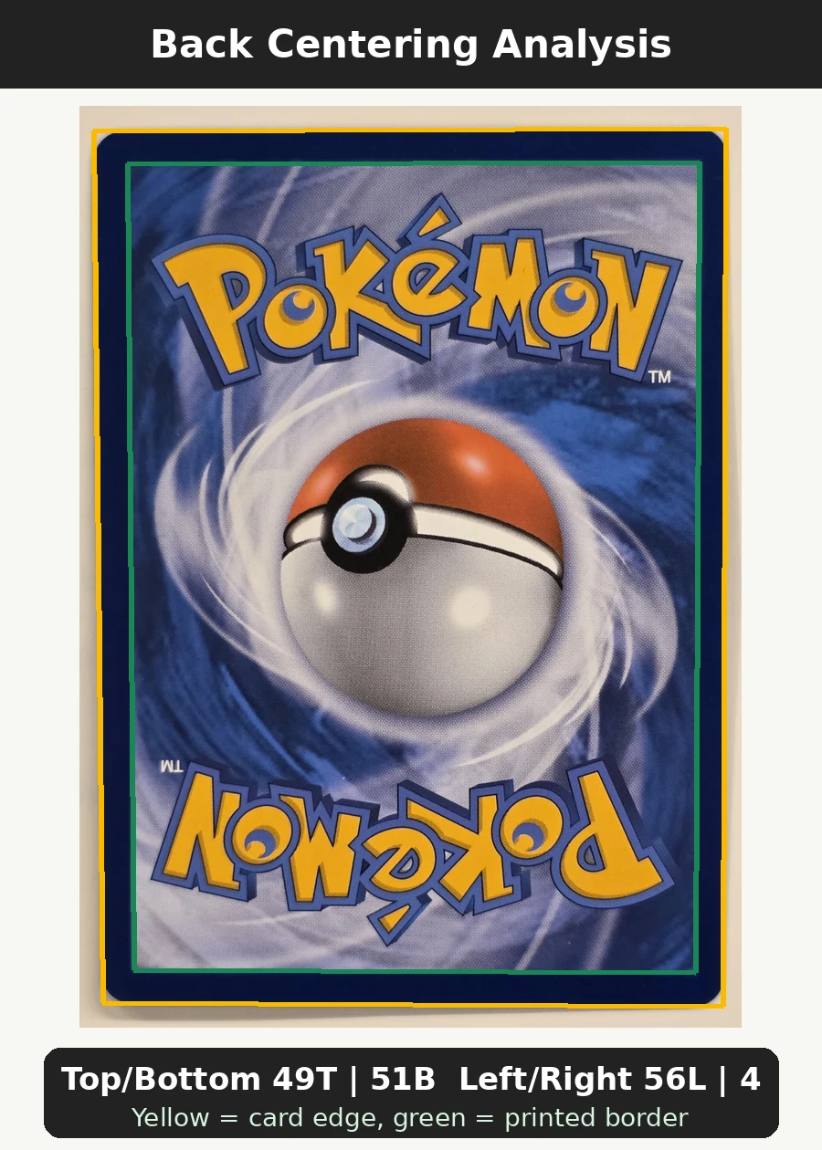 Reshiram & Charizard GX SM201/248 SM Black Star Promos back centering analysis showing Top/Bottom 49T | 51B and Left/Right 56L | 44R.