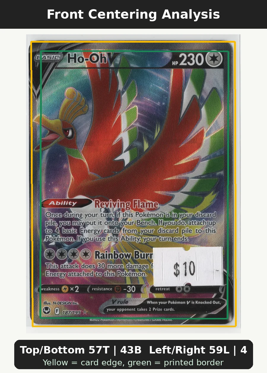 Ho-Oh V 187/195 Silver Tempest front centering analysis showing Top/Bottom 57T | 43B and Left/Right 59L | 41R.