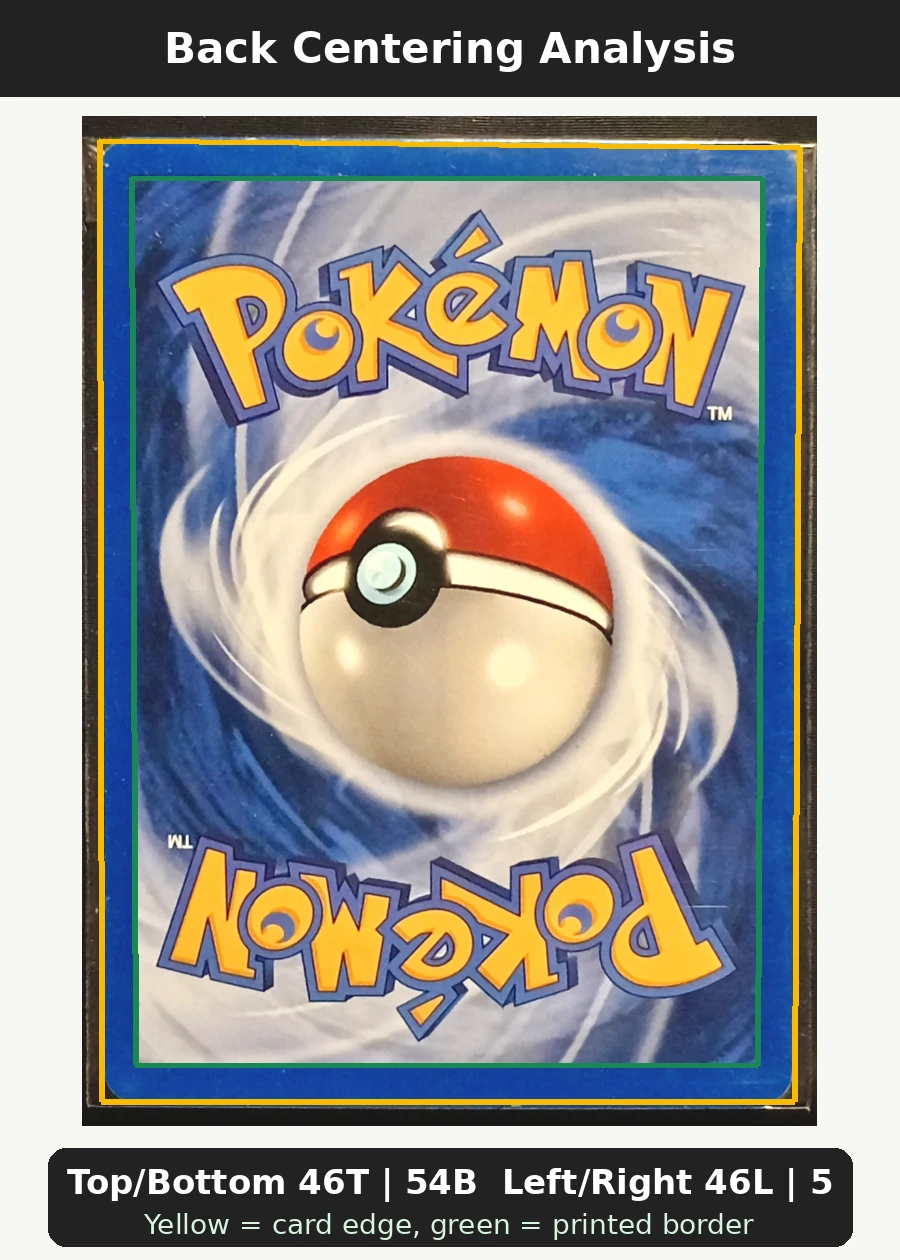 Lugia 009/111 Neo Genesis back centering analysis showing Top/Bottom 46T | 54B and Left/Right 46L | 54R.