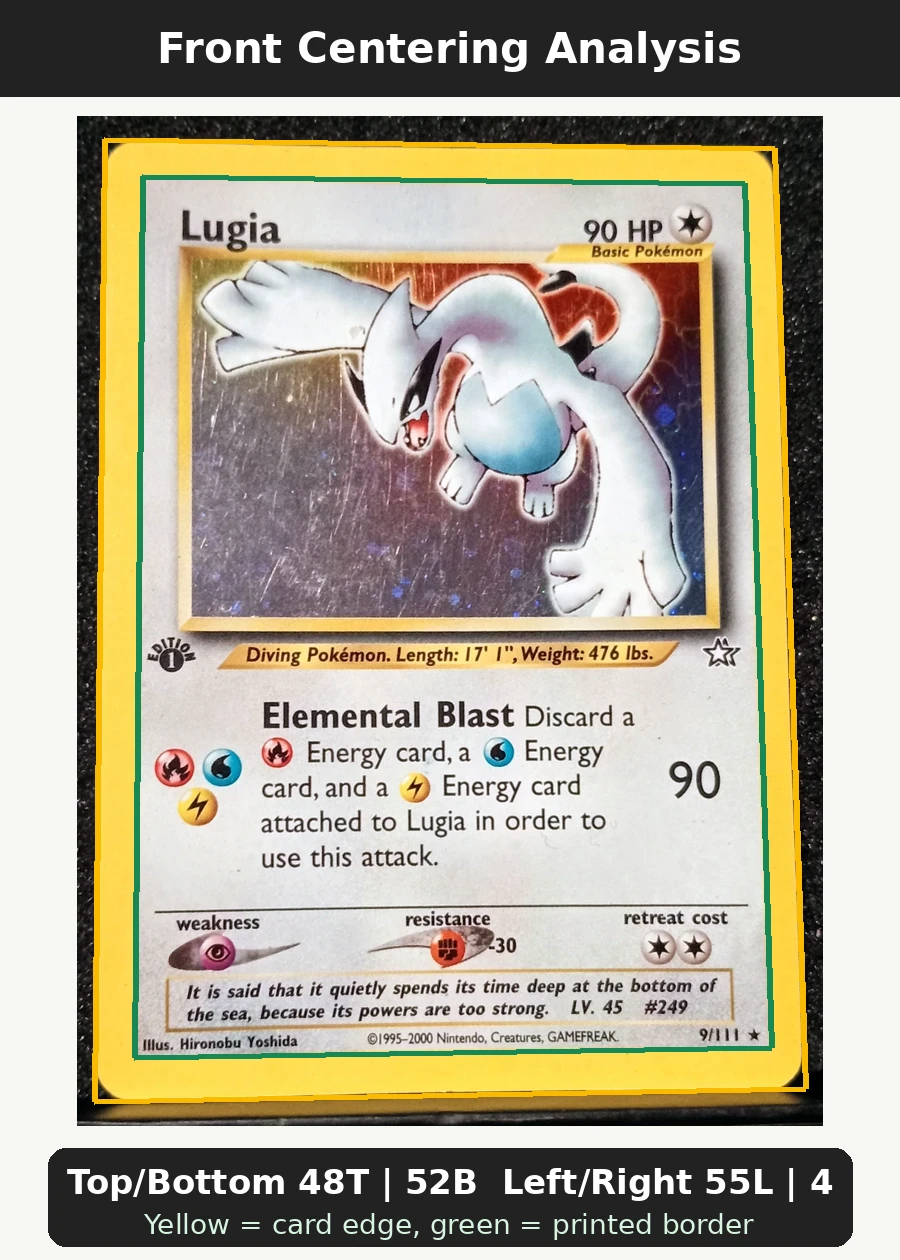 Lugia 009/111 Neo Genesis front centering analysis showing Top/Bottom 48T | 52B and Left/Right 55L | 45R.
