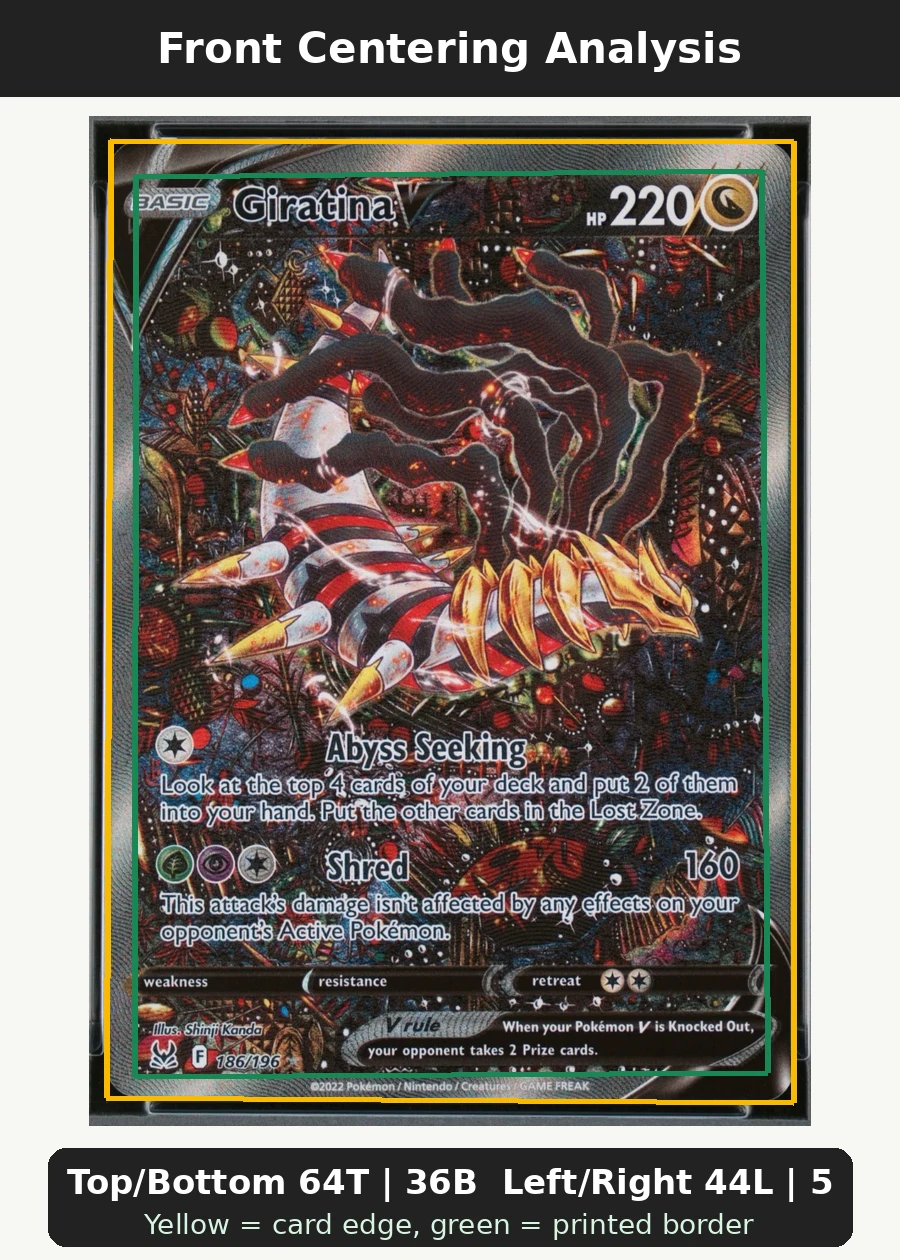 Giratina V 186/196 Lost Origin front centering analysis showing Top/Bottom 64T | 36B and Left/Right 44L | 56R.