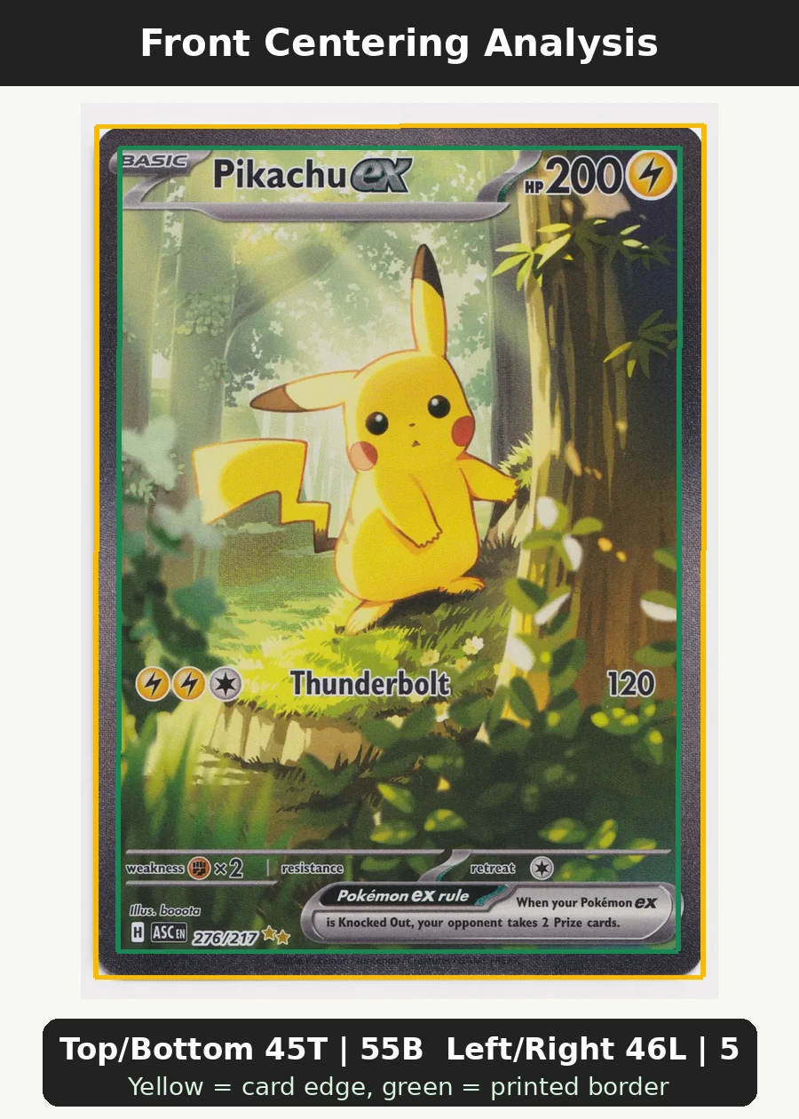 Pikachu ex 276/217 Ascended Heroes front centering analysis showing Top/Bottom 45T | 55B and Left/Right 46L | 54R.