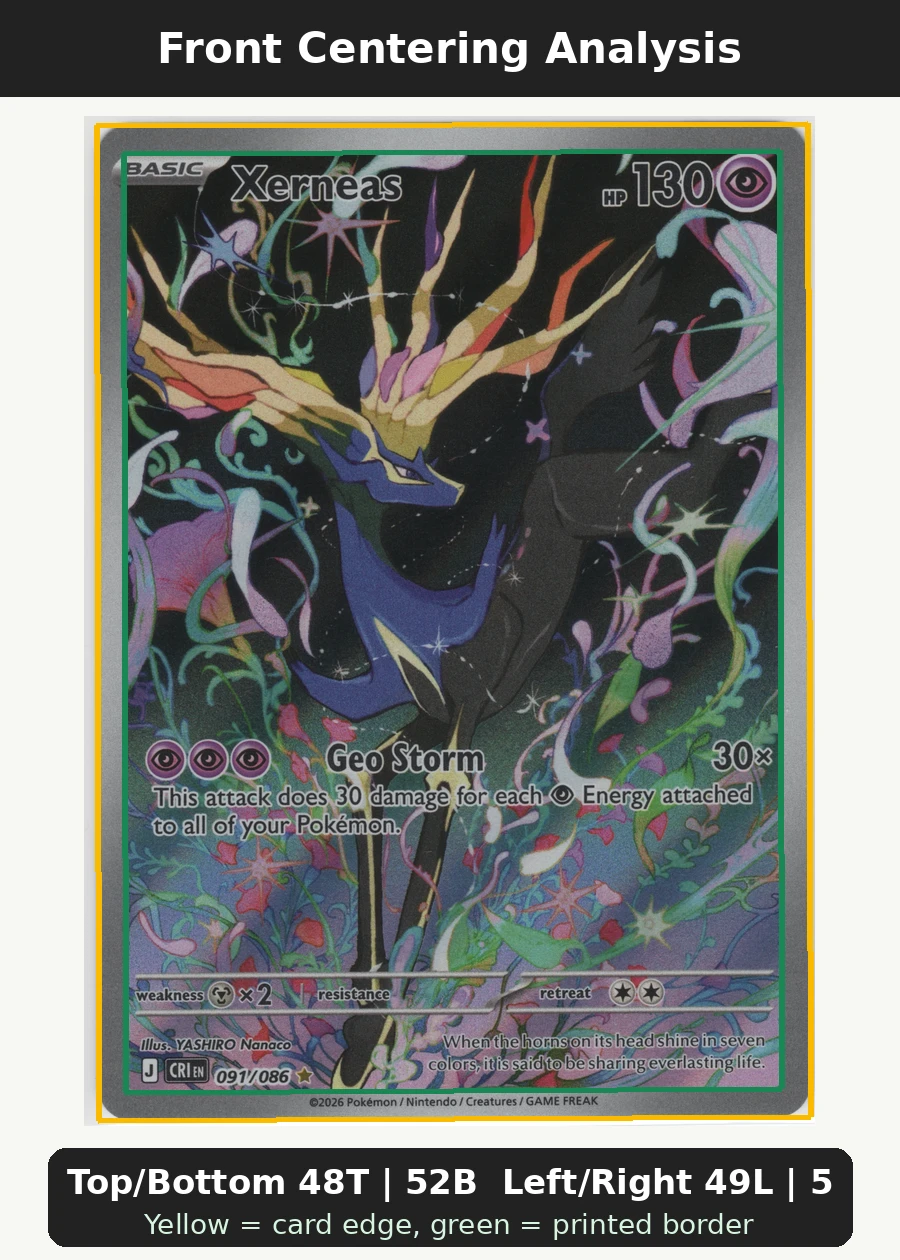 Xerneas 091/86 Chaos Rising front centering analysis showing Top/Bottom 48T | 52B and Left/Right 49L | 51R.