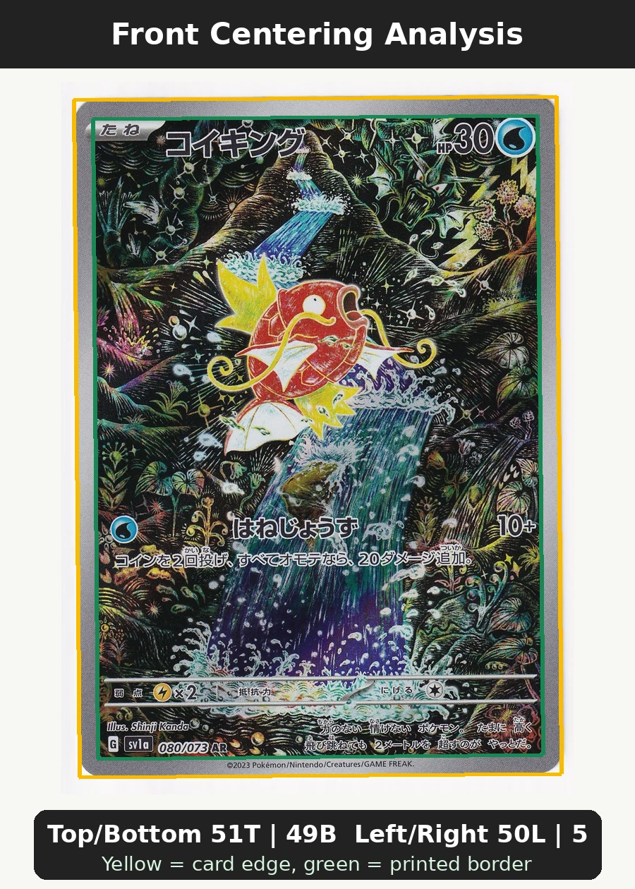 Magikarp 080/73 Triplet Beat front centering analysis showing Top/Bottom 51T | 49B and Left/Right 50L | 50R.