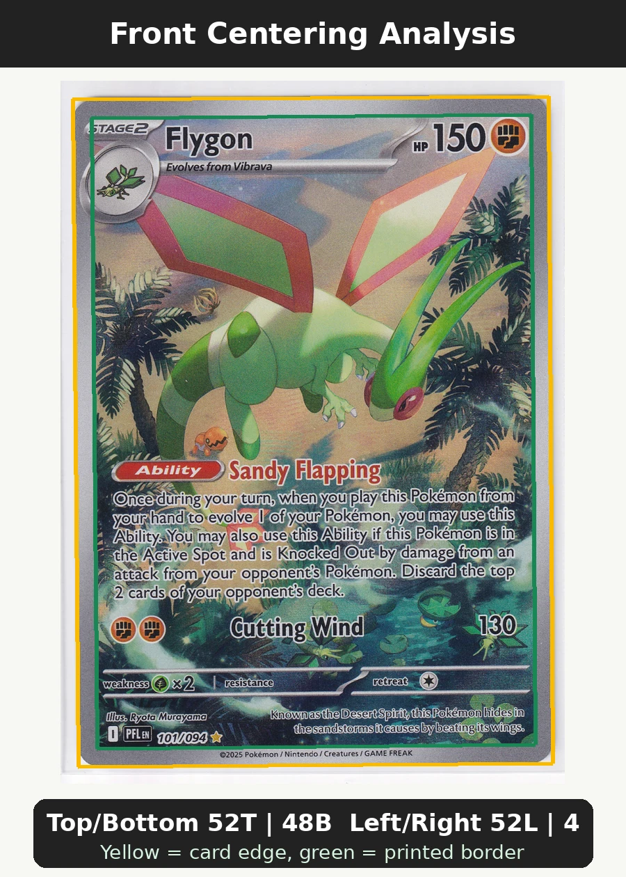 Flygon 101/94 Phantasmal Flames front centering analysis showing Top/Bottom 52T | 48B and Left/Right 52L | 48R.
