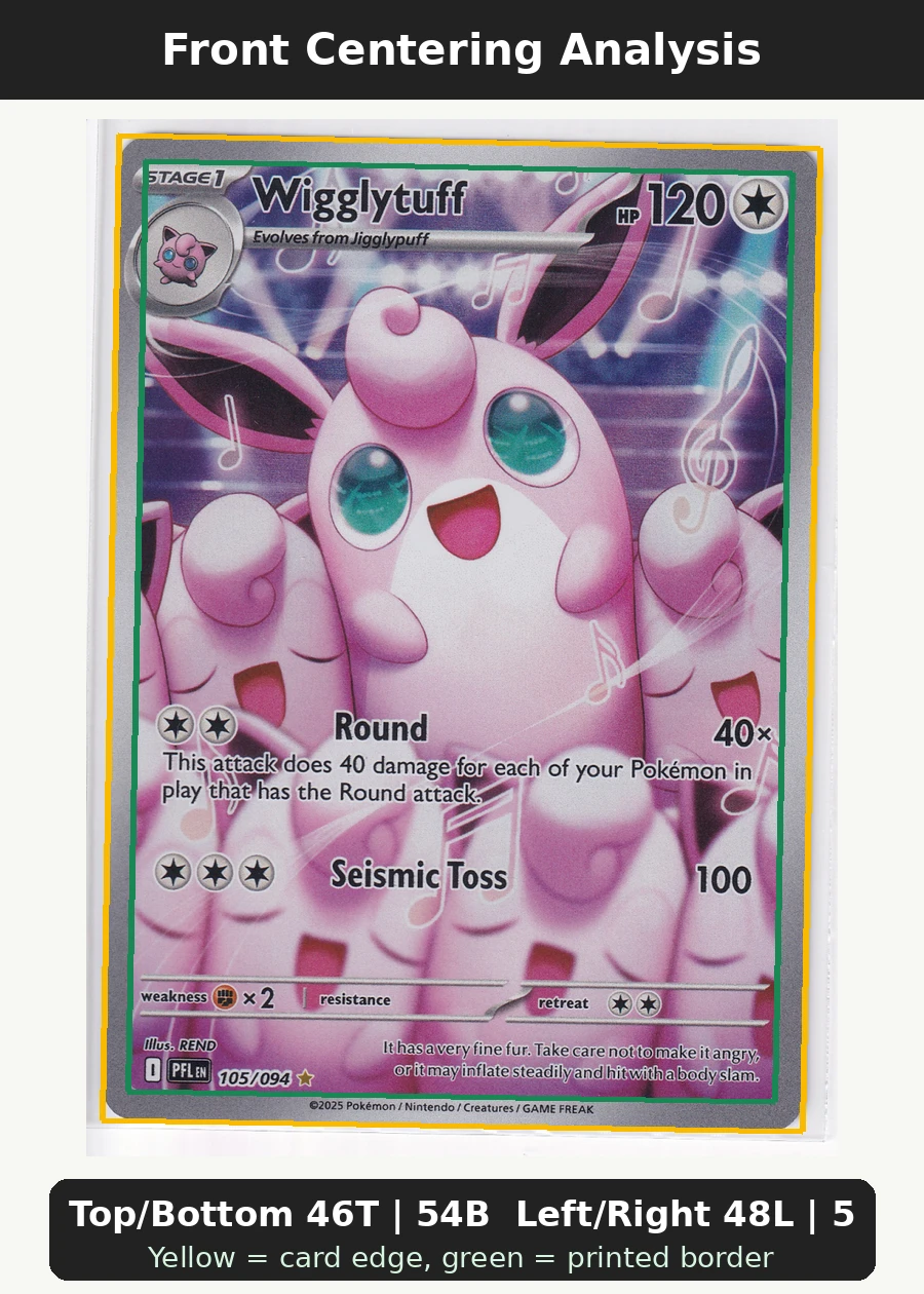 Wigglytuff 105/94 Phantasmal Flames front centering analysis showing Top/Bottom 46T | 54B and Left/Right 48L | 52R.