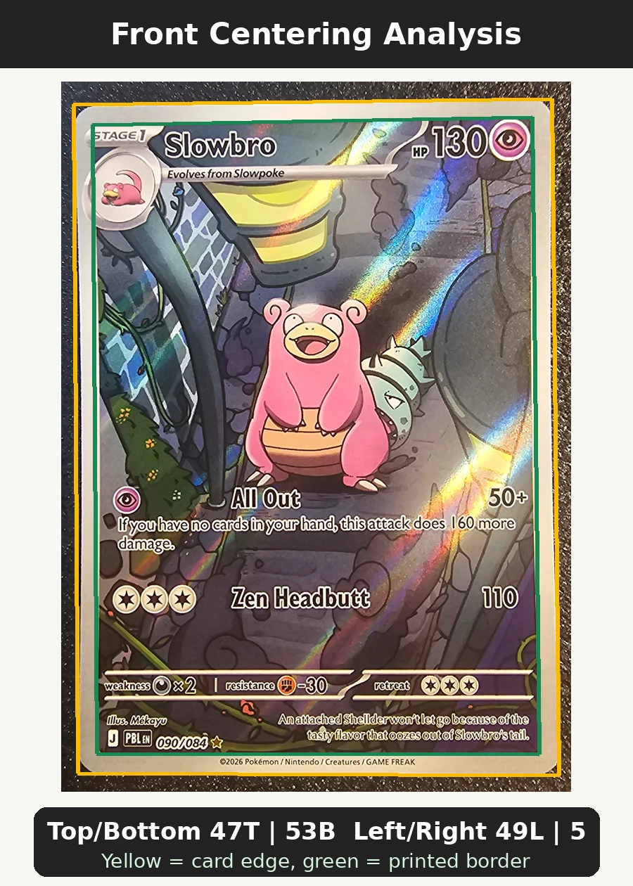 Slowbro 090/84 Pitch Black front centering analysis showing Top/Bottom 47T | 53B and Left/Right 49L | 51R.