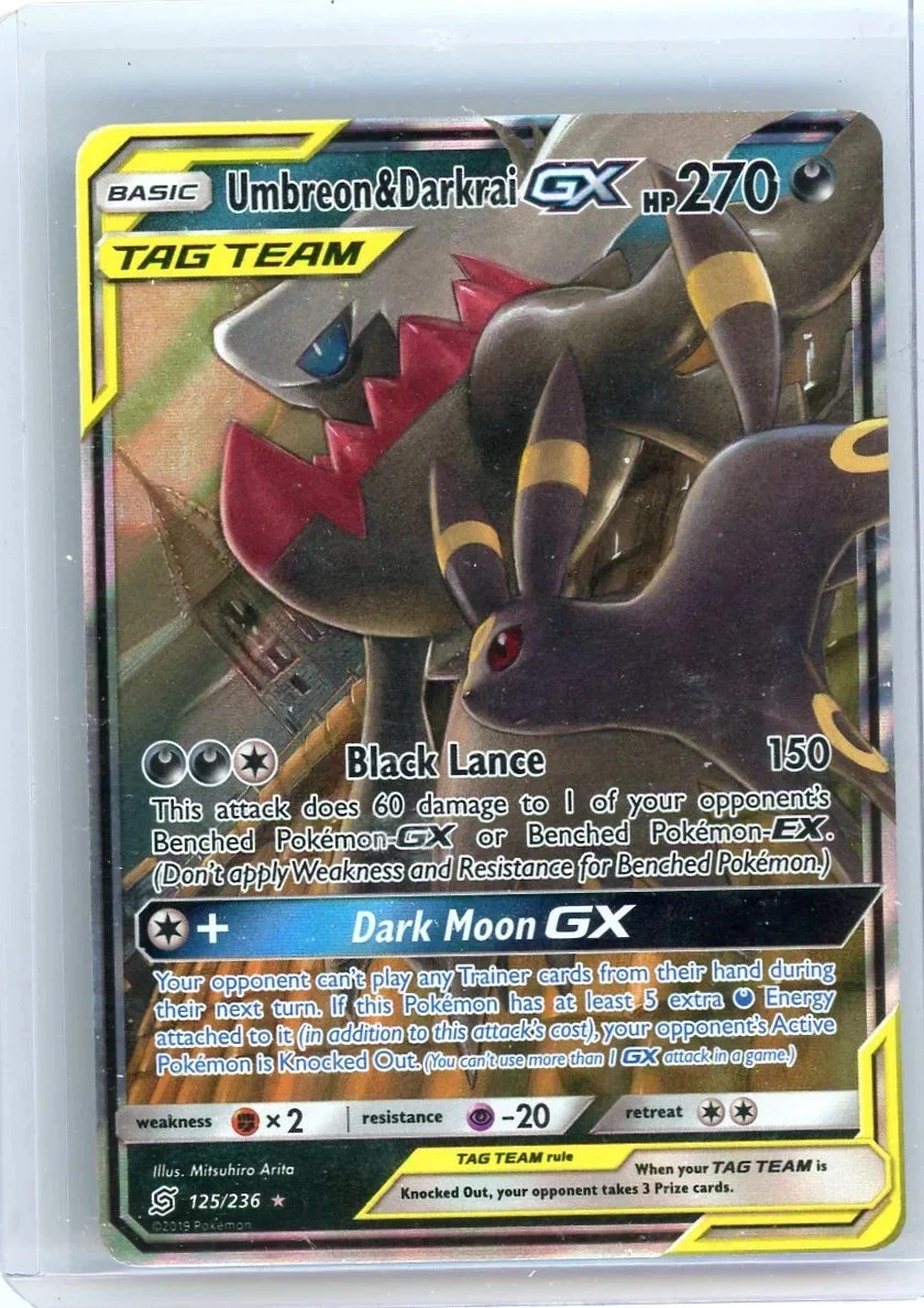 Umbreon & Darkrai GX 125/236 Unified Minds front card photo in PokeToGrade pregrading report