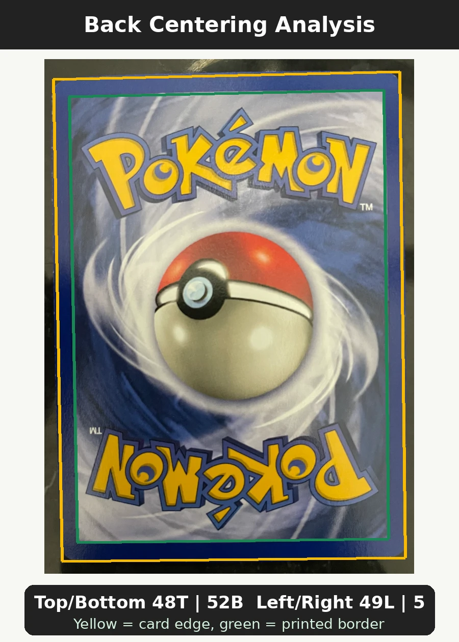 Snorlax 011/64 Jungle back centering analysis showing Top/Bottom 48T | 52B and Left/Right 49L | 51R.