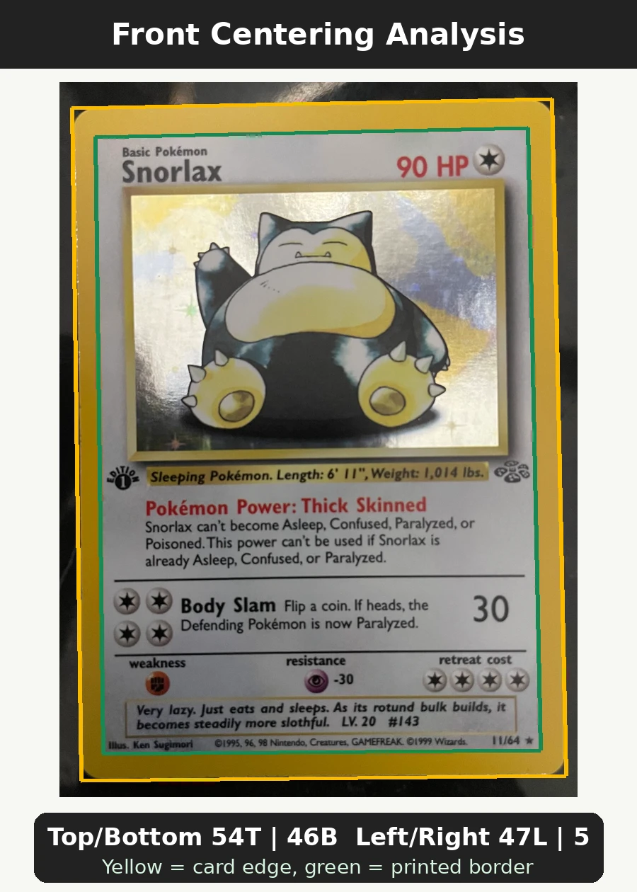 Snorlax 011/64 Jungle front centering analysis showing Top/Bottom 54T | 46B and Left/Right 47L | 53R.