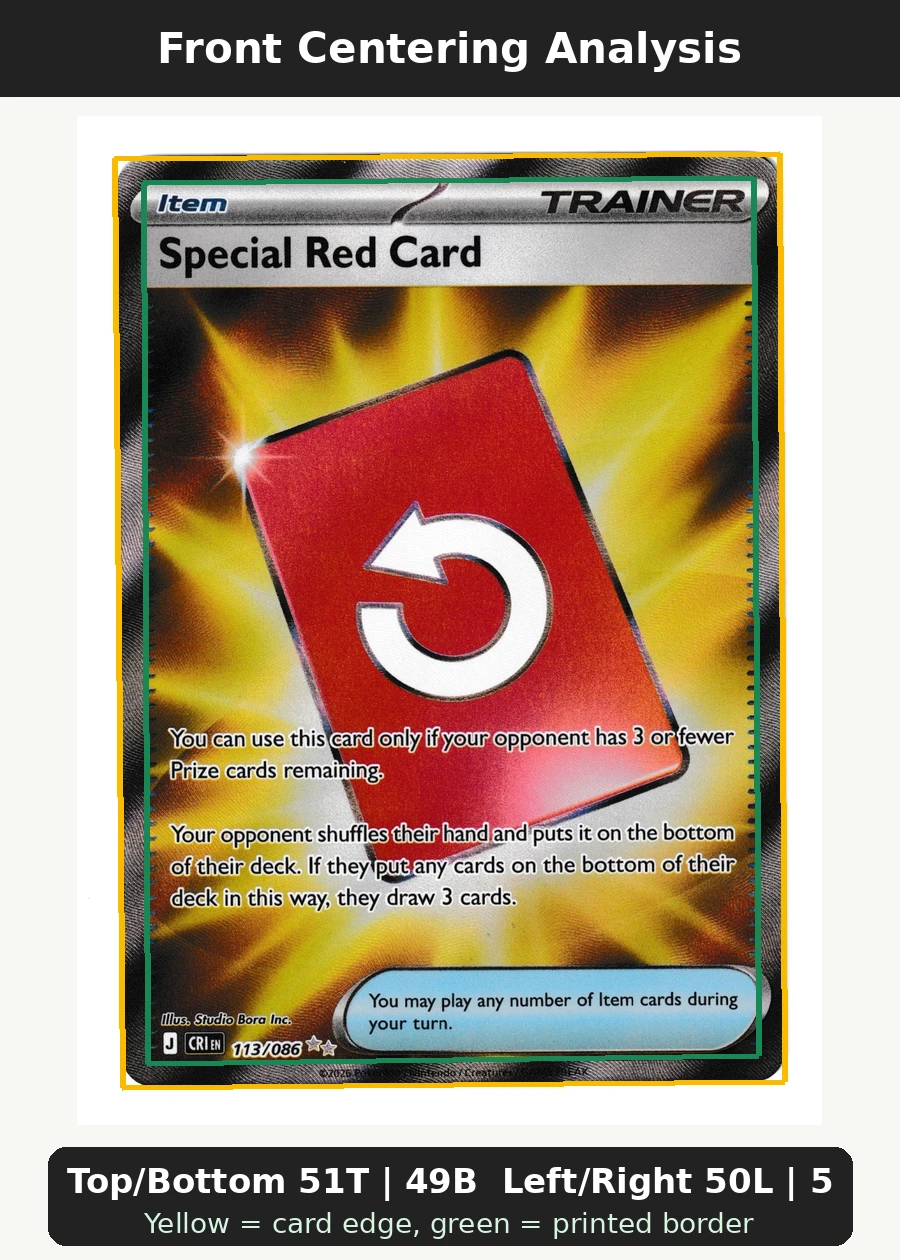 Special Red Card 113/86 Chaos Rising front centering analysis showing Top/Bottom 51T | 49B and Left/Right 50L | 50R.