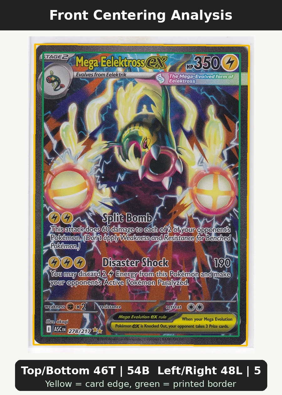 Mega Eelektross ex 278/217 Ascended Heroes front centering analysis showing Top/Bottom 46T | 54B and Left/Right 48L | 52R.