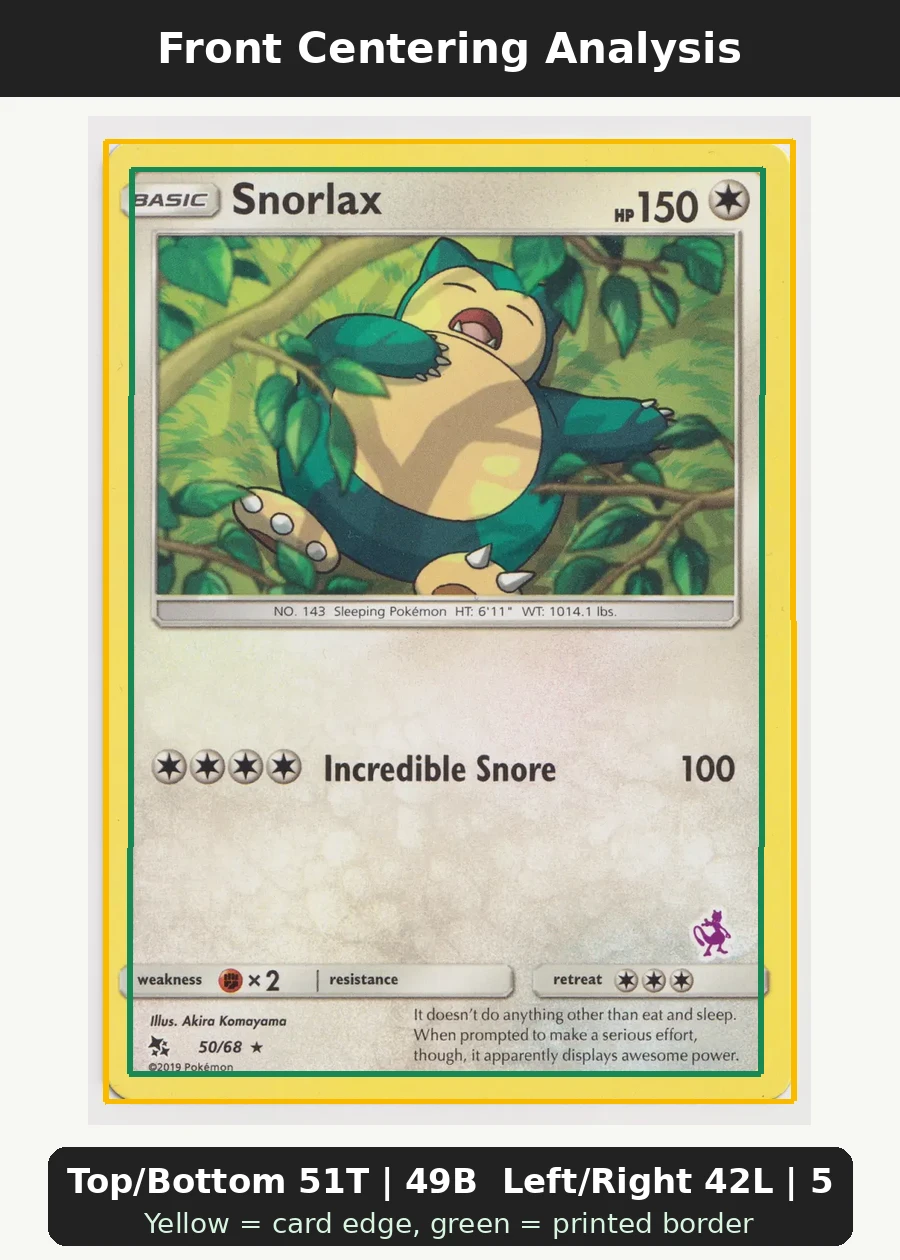 Snorlax 050 Battle Academy front centering analysis showing Top/Bottom 51T | 49B and Left/Right 42L | 58R.