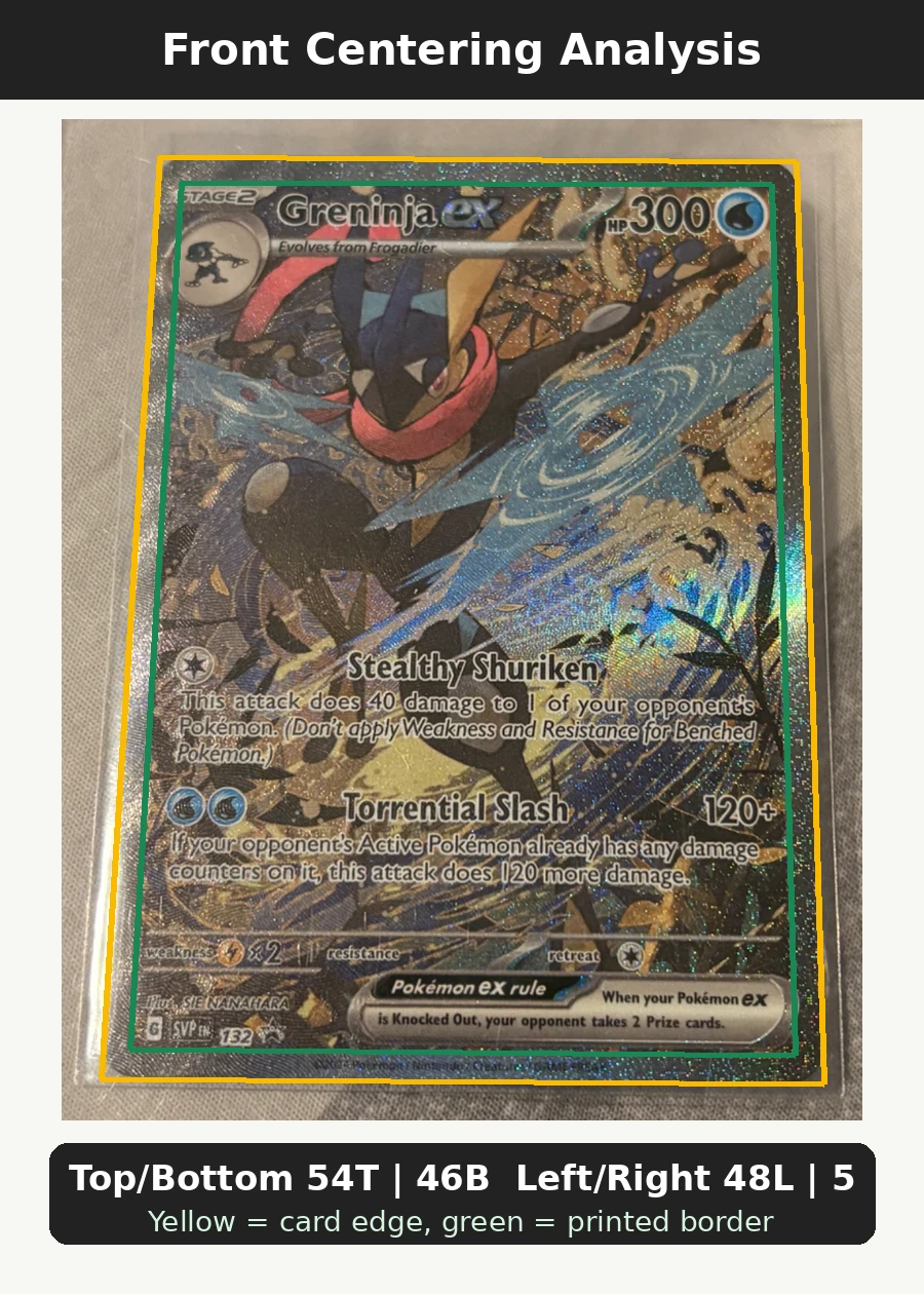 Greninja ex 132/225 SVP Black Star Promos front centering analysis showing Top/Bottom 54T | 46B and Left/Right 48L | 52R.