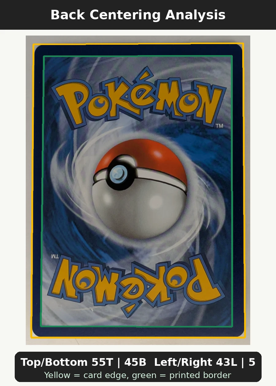 Mew 011/25 Celebrations back centering analysis showing Top/Bottom 55T | 45B and Left/Right 43L | 57R.