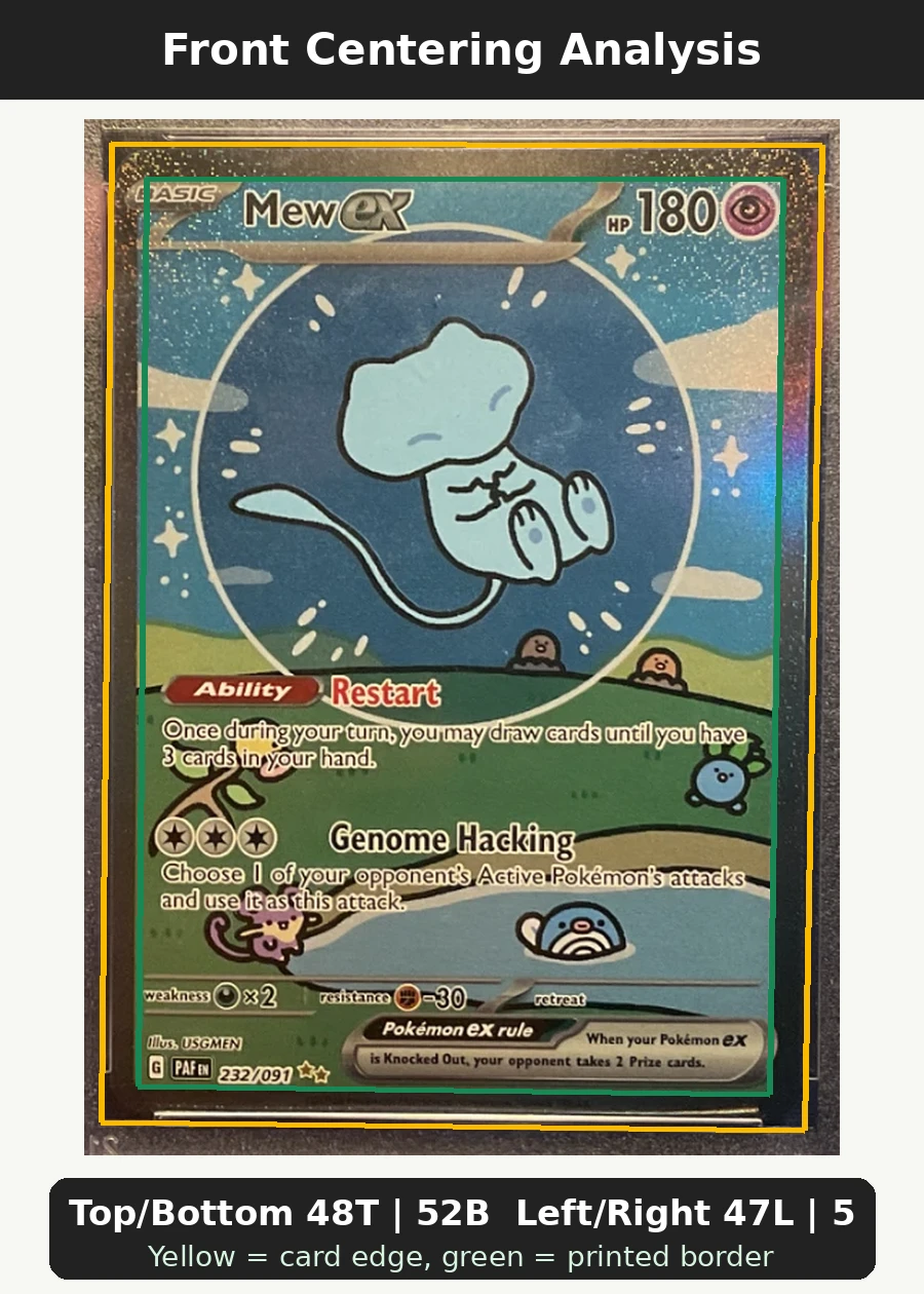 Mew ex 232/91 Paldean Fates front centering analysis showing Top/Bottom 48T | 52B and Left/Right 47L | 53R.