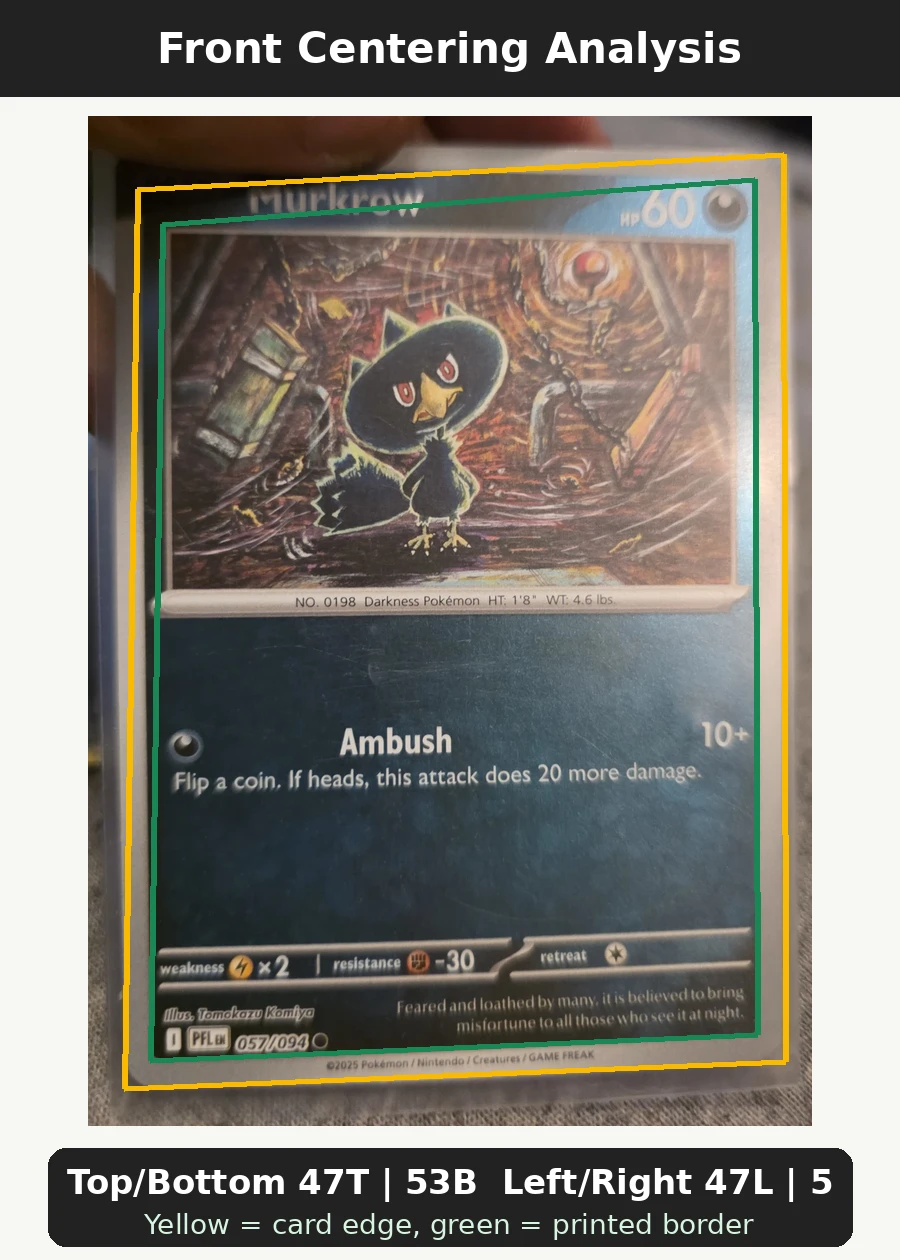 Murkrow 057/94 Phantasmal Flames front centering analysis showing Top/Bottom 47T | 53B and Left/Right 47L | 53R.
