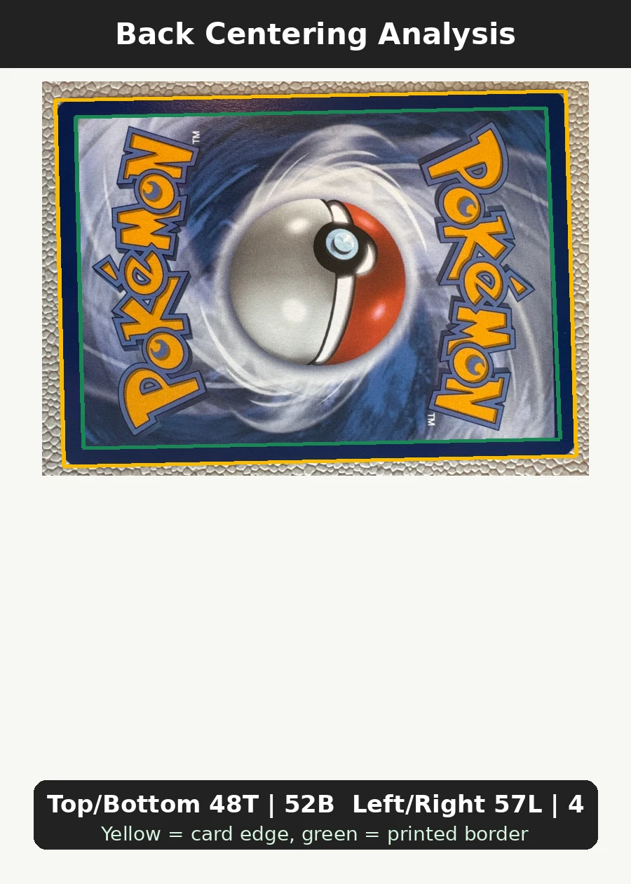 Charmander 038 MEP Black Star Promos back centering analysis showing Top/Bottom 48T | 52B and Left/Right 57L | 43R.